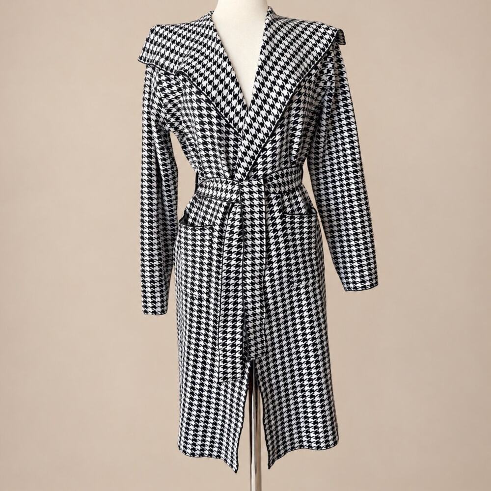 SIONI Black Cream Houndstooth Belted Knit Sweater Trench Coat M NWT